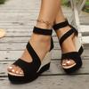 Women'S Black Thick-Soled Wedge Sandals - Open-Toe, Zipper, Textured Design, High Heel, Comfortable for All Seasons., Women Shoes