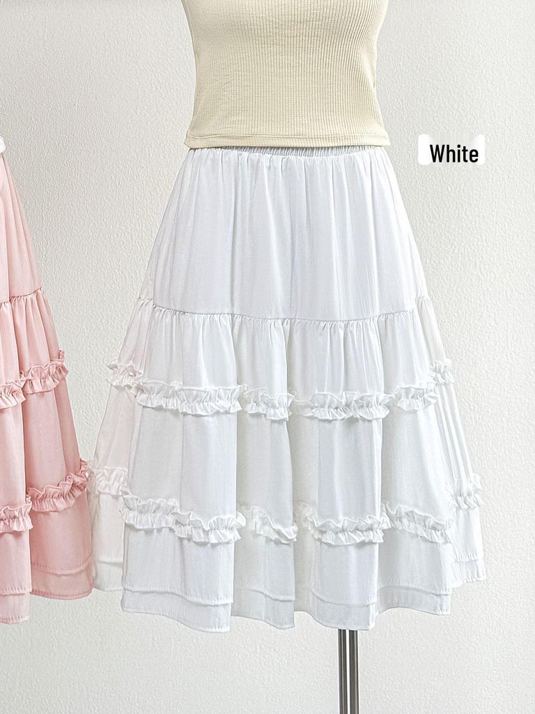 Korean Style A-Line Midi Skirt: Layered Wood Ear Edge, High-Waisted, White Princess Design for Petite Figures - Spring/Summer Fashion