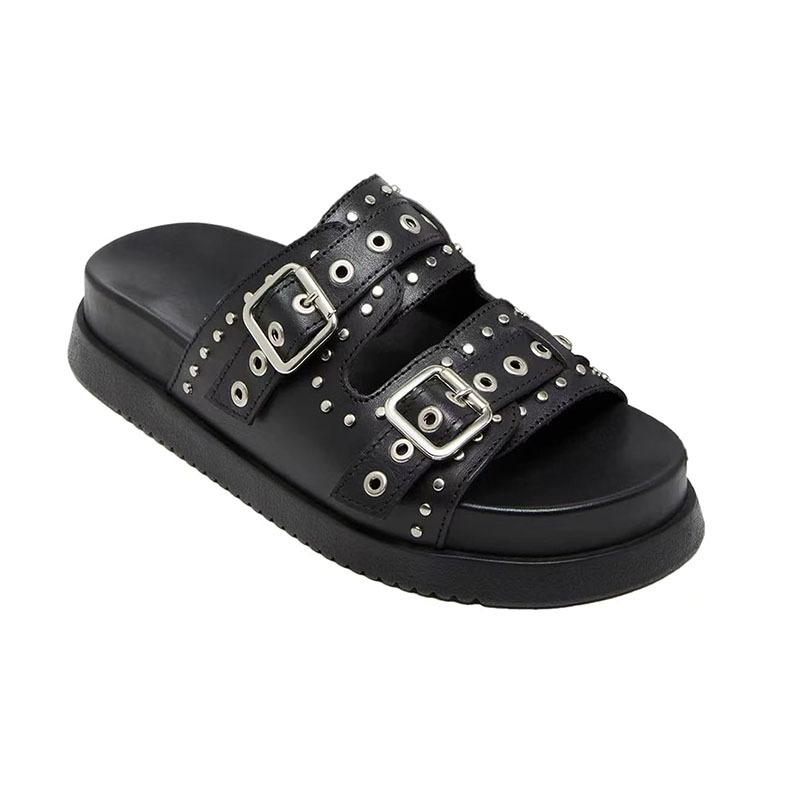 Fashion Summer Thick Soled Belt Buckle Rivet Women's Outdoor Slippers New Flat Round Toe Retro Casual Commuting Beach Sandals Size36-43