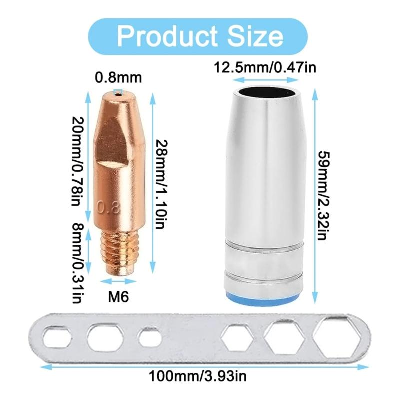 EATBALE MB25 Welding Contact Tips 0.8mm/0.030 M6x28mm for MB25 25AK MIG/MAG Welding Torch Holder Consumables Accessories with Shield Cup/Gas Nozzle and Wrench (7Pcs