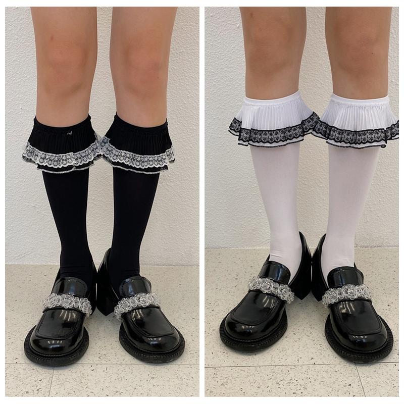 Summer Thin Long Socks Women Solid Color White Lace Ruffles JK Stockings Synthetic Fiber Korean Style Stretch Calf Socks