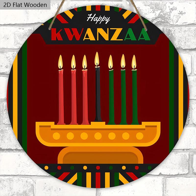 Happy Kwanzaa African American Festivals Wooden Sign - Classic Round Sign for Front Door, Wall Hanging Decor - Ideal Kwanzaa Decoration