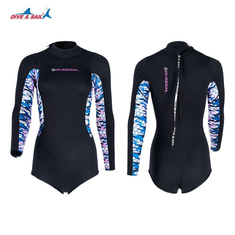Womens 2mm Neoprene Wetsuit Set Long Sleeve Short Pants Snorkeling Diving Swimming Warmth Protection