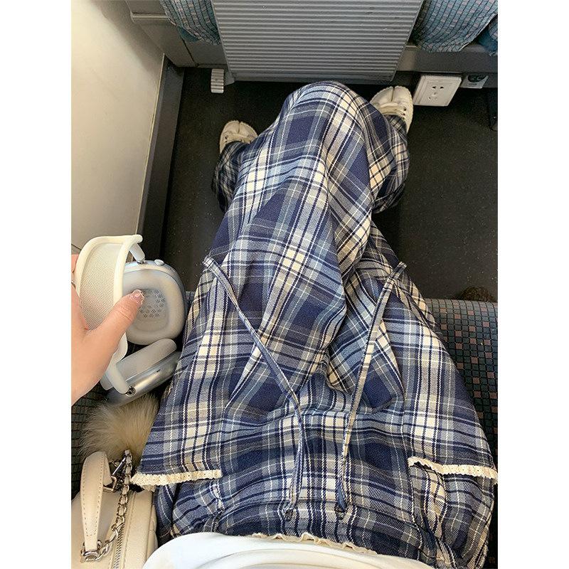 

Zeng Xiaoxian Women s Grey Blue Plaid Wide-Leg Drawstring Pants - Summer Casual, Thin, Loose Fit S (Recommended weight: 80-100 lbs)