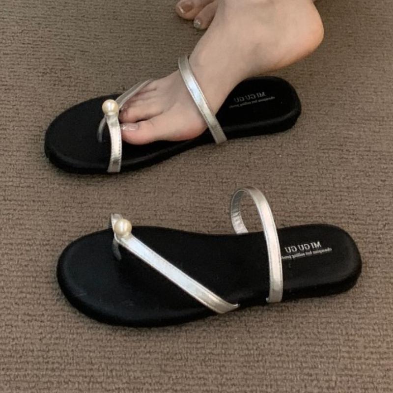 Pearl Women Flats Slippers New Clip Toe Shoes Casual Sandals 2025 Summer Trend Flip Flops Slingback Beach Woman Slides