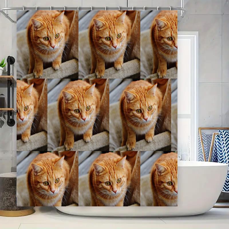 

Home Decor Shower Curtain Featuring Adorable Orange Tabby Cat Pattern Perfect For Bathroom Decoration W60H190(CM)-1 Pcs