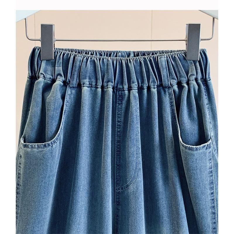 DIMANAF 2026 Summer New Plus Size Women Jeans Wide Leg Long Pants Denim Pants Cotton Casual Trousers Blue Waist Elastic