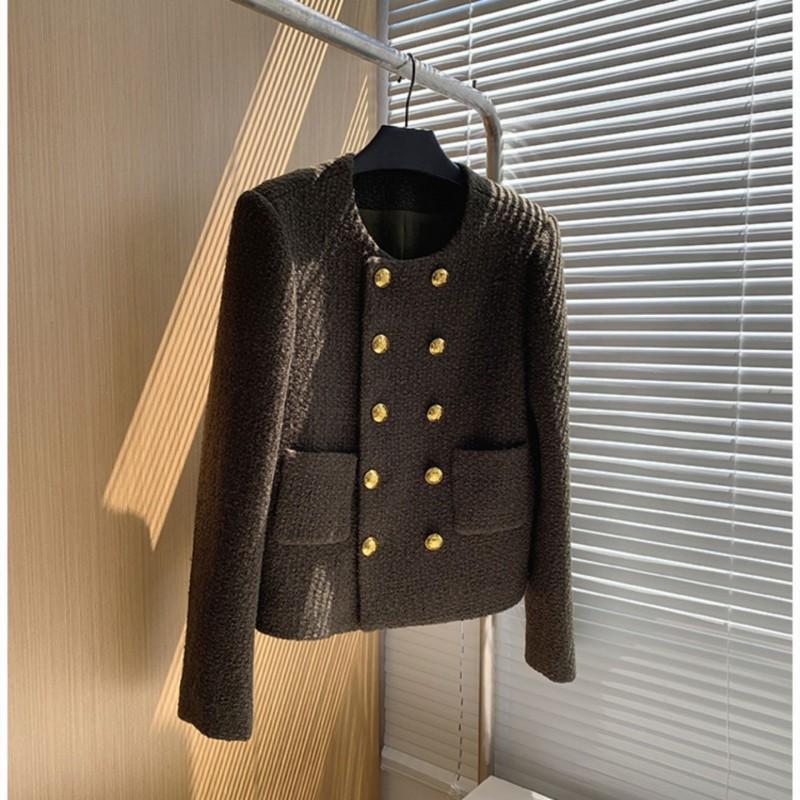 2026 Womens Chic Tweed Short Jacket Round Neck Double-Breasted A-Line Blazer Casual Elegant Outerwear