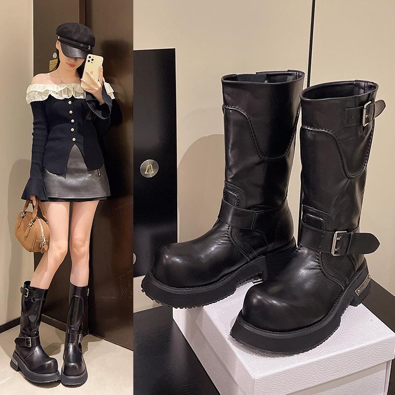Retro thick-soled high Martin boots women's 2025 new British style belt buckle tooling boots sleeve large size locomotive boots