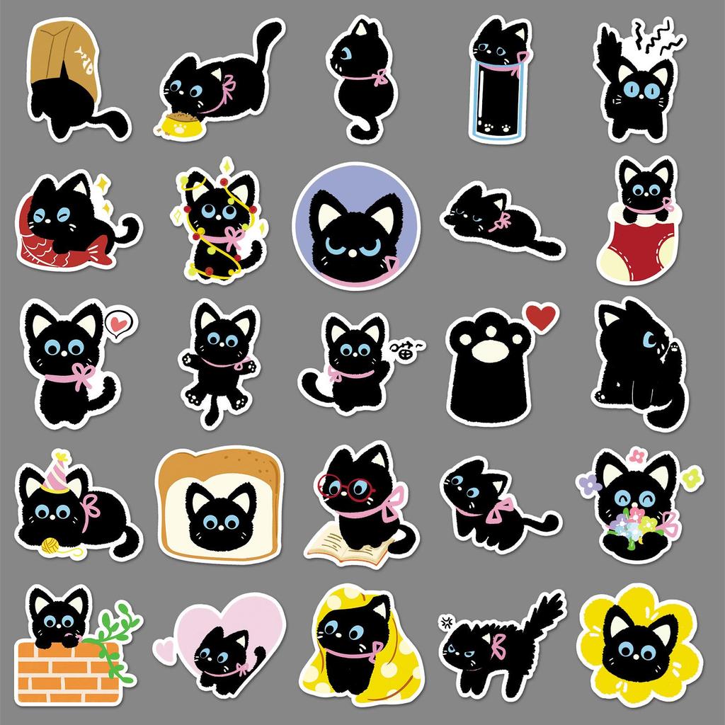 50 Bowknot Little Black Cat Cute Cartoon Stickers for Decorating Suitcases, Water Bottles, and Phone Cases