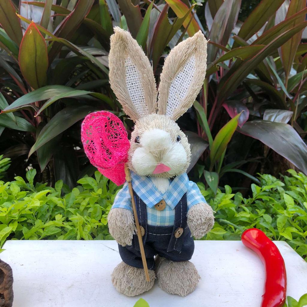 Easter Rabbit Decoration Straw Rabbit Ornament Creative Artificial Bunny Figure 25cm Home Holiday Cute with Flower Wreath
