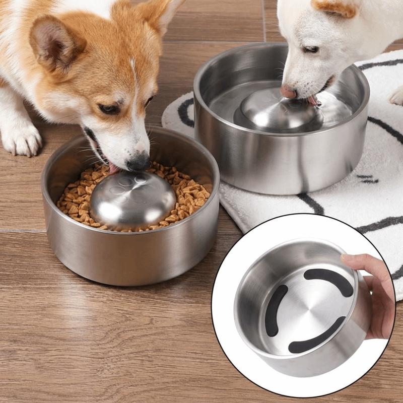 304 Metal Material Dog Bowl Large Capacity Double Layer Pet Feeding Bowl Round Shape Anti-Slip Bottom Metal Bowl Home Pet Use