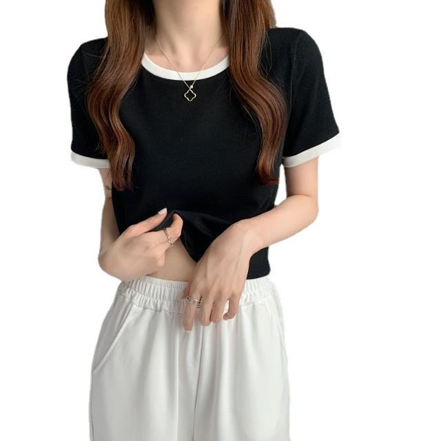 Clash of Colours Round Neck Short Sleeve T-shirt Women's Summer Bottoming Shirt Slim Tops