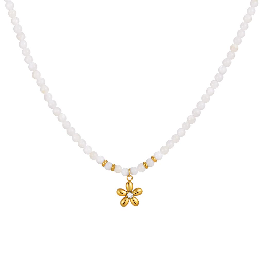 French Elegant Stainless Steel Pearl Flower Necklace, Women'S Fashion Temperament Collarbone Chain Nc-2400
