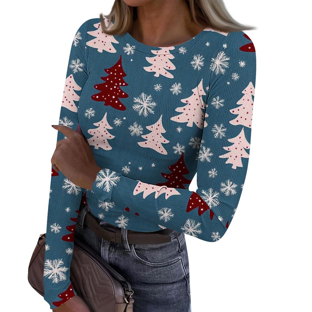Γυναικείο Μοντέρνο Μπλουζάκι Βασικής Στρώσης Στενής Γραμμής με Στρογγυλή Λαιμόκοψη και Χριστουγεννιάτικη Εκτύπωση, Μακρυμάνικο Τοπ