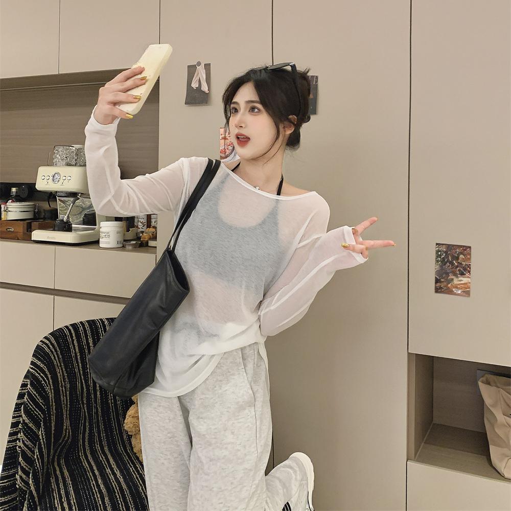 2025 spring Summer V-neck Sunscreen Thin Lazy Loose Long Sleeve T-shirts casual loose solid perspective Front and Back Double Top for Women t shirt