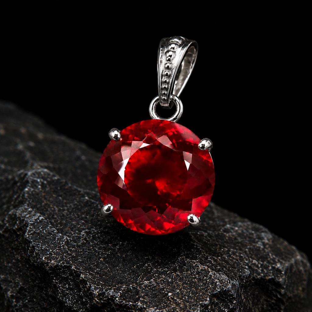 925 Sterling Silver 17Ct Round Red Ruby NATURAL   Gemstone Pendant