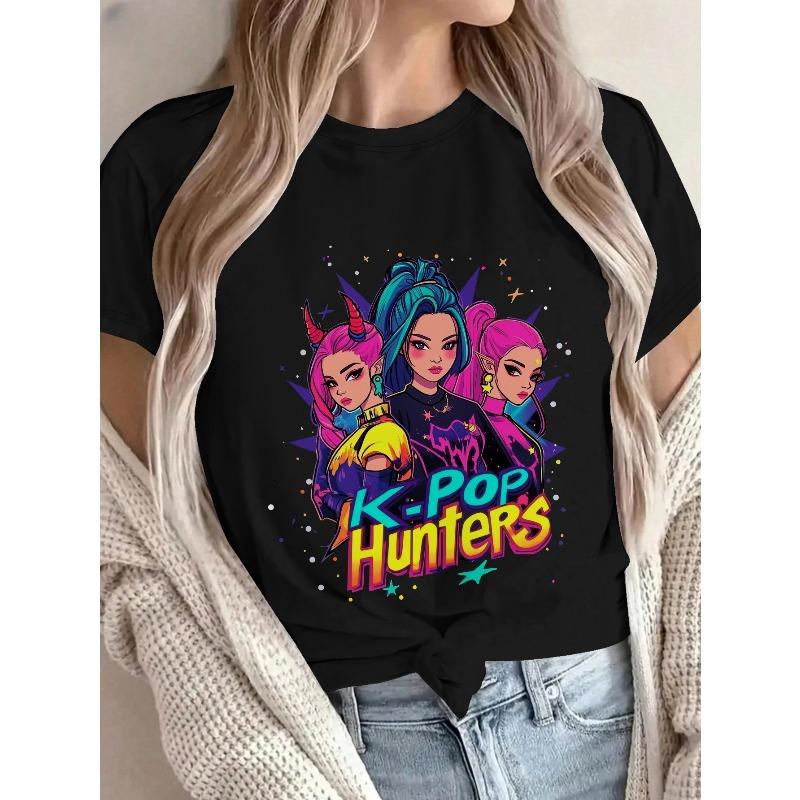 European Size Three Cartoon Female Characters Pink Hair with hornsPure Fashionable Women's T-shirt, Casual Commuting, Round Neck