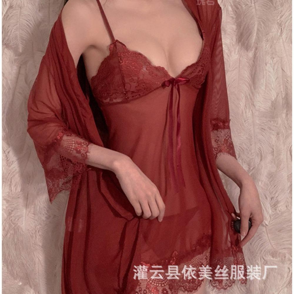 Man Wants To Suspender Nightgown Women's Summer Ice Silk Sexy Gathering Pajamas Lace Hot Temptation Pure Desire Underwear Thin Suit