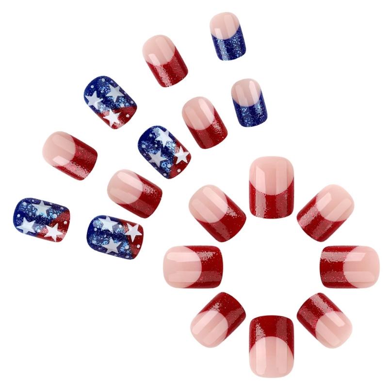 Square Short Fale Nail Festival Star Press on Nail Tips Nail Art Decoration for Women and Girls Manicure 24pcs