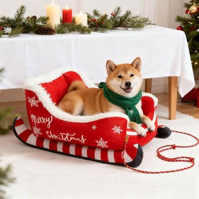 Christmas Plush Sleigh Pet Bed Indoor Small Medium Dog Cat Sofa Bed Winter Warm Fluffy Kitten Puppy Sleeping Nest Pet Supplies
