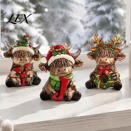 Detailed Figurines for Porch 3Pcs Christmas Highland Cow Figurine, Resin Yak Statues with JOY Letter Sign, Decorative Accents Desk Farmhouse Tabletop