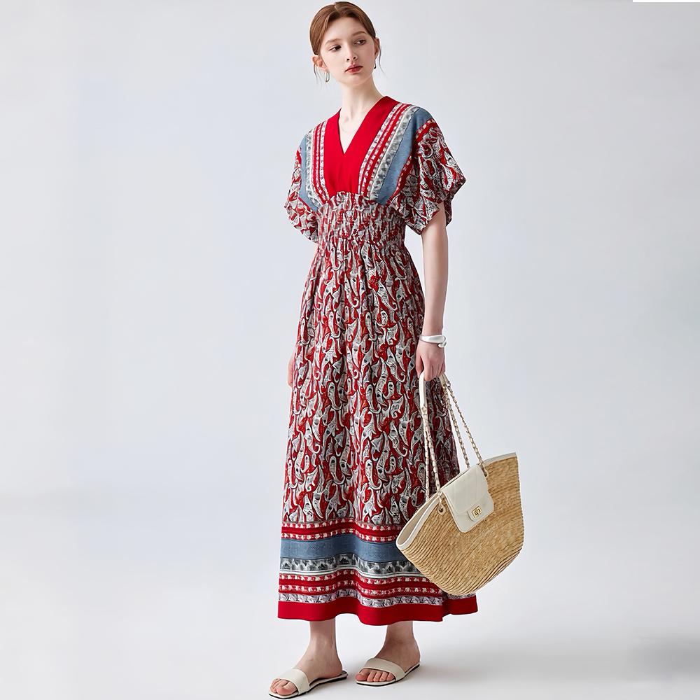 Bohemian-Style Cotton-Silk V-Neck Batwing Print Dress Summer Casual Vacation Beach Dress