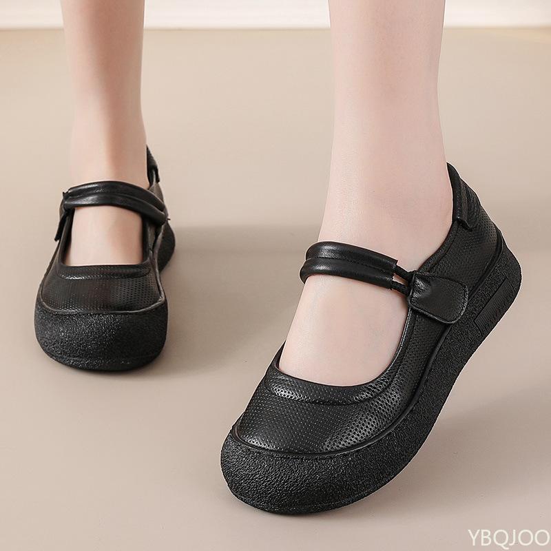 Ladies Mary Jane Shoes Womens Genuine Leather Comfort Flats Hollow Fashion Hook Loop Lightweight Soft Shoes Woman Strap Moccasin