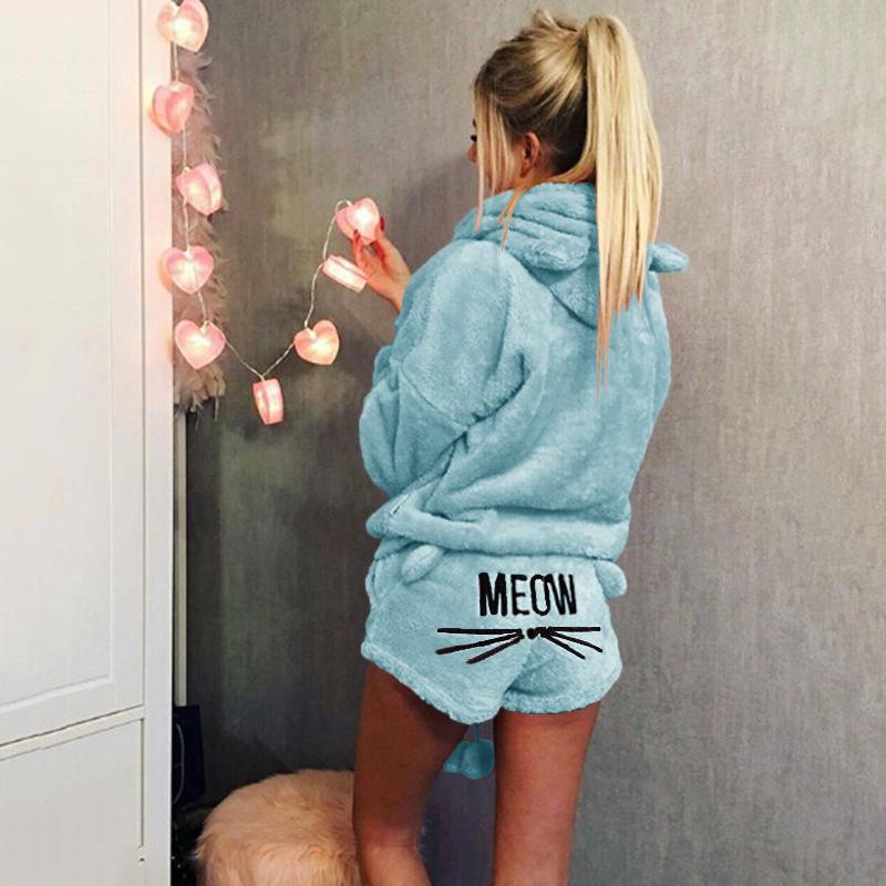Dámská móda Jednobarevná teplá zimní pyžamová souprava Dvoudílné roztomilé kočičí pyžamo s kapucí Noční oblečení plus size S-5XL