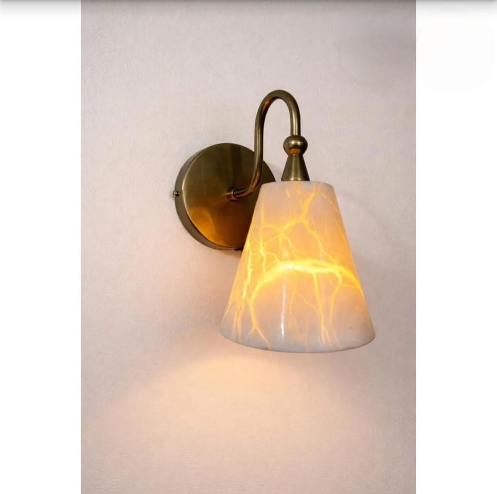 Mid Century Modern Vintage Brass Wall Sconce Alabaster Stone Glass Light Bedside & Bedroom Wall Lamp Luxury Handmade Home Decor Lighting