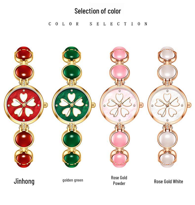 Moka Diamond Luminous Quartz Watch with Four-Leaf Clover Design, 30M Waterproof, Copper Band.