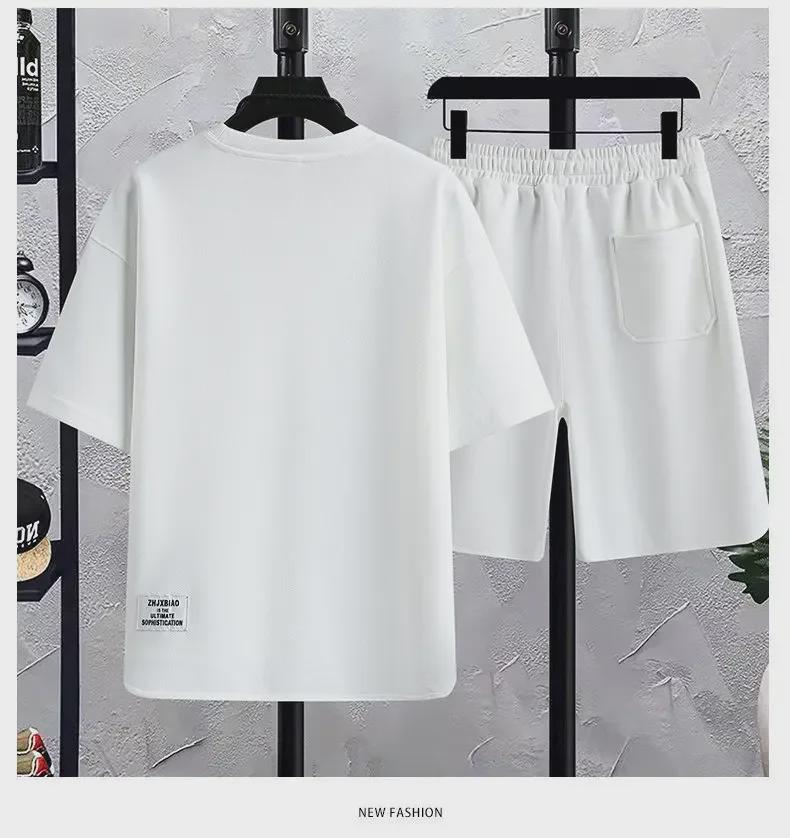 Men's Korean Summer Waffle Short-Sleeve T-Shirt & Casual Sports Two-Piece Set