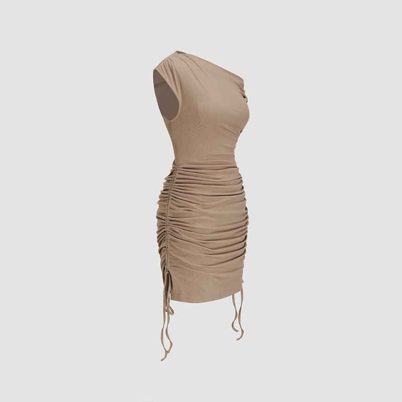 

Sexy Figure-Hugging Dress Sexy Sleeveless Shoulder Pleated Waist Tight Sheath Skirt Dress Khaki L