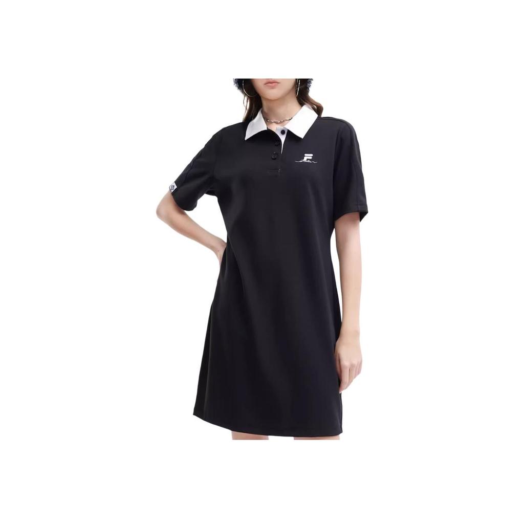 Fila Color Block Button Casual Polo Short Sleeve Dress Women Dresses Black T11W33330-1A