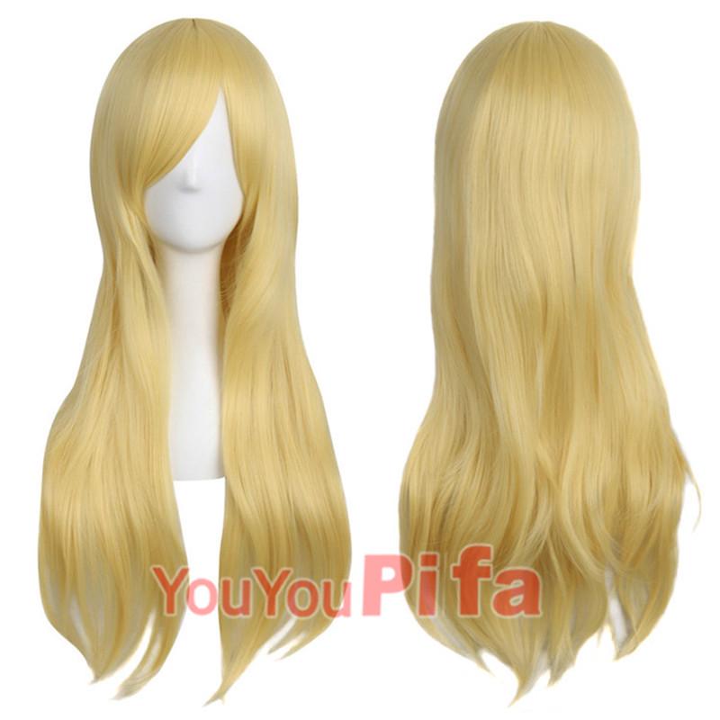Long Curly Cosplay Wig for Women - 70cm, Gold/Pink/Blue, Realistic Full Wig with Headband