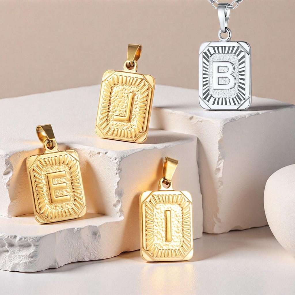 New Electroplated Square Copper Plate English Letter Pendant - Handmade Gold Medal Design.