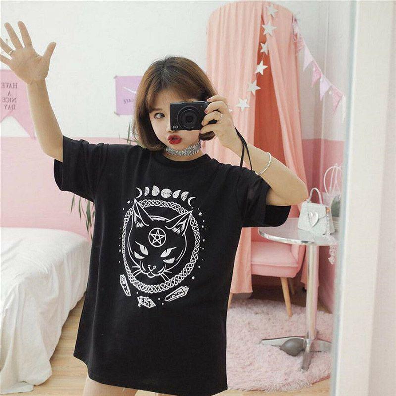 Damen Mädchen Lustiges Kurzarm Mond Katze Print Punk Gothic Lässiges Oberteil Bluse