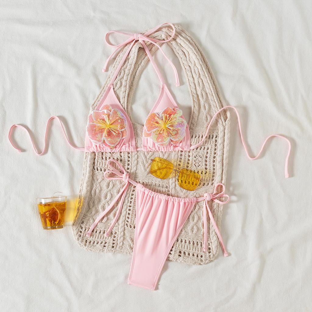 New Fashion European And American New Bikini Pink Split Two-Piece Set