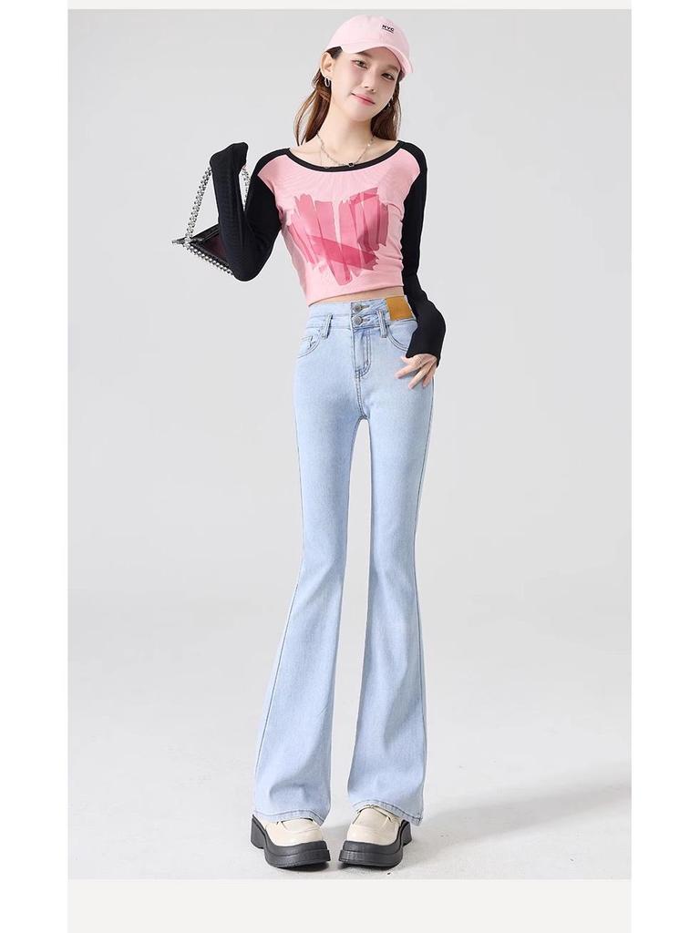 Women's High Waist Slim Fit Light Flare Jeans, Petite Micro Horseshoe Style, New for Spring and Autumn 2024.