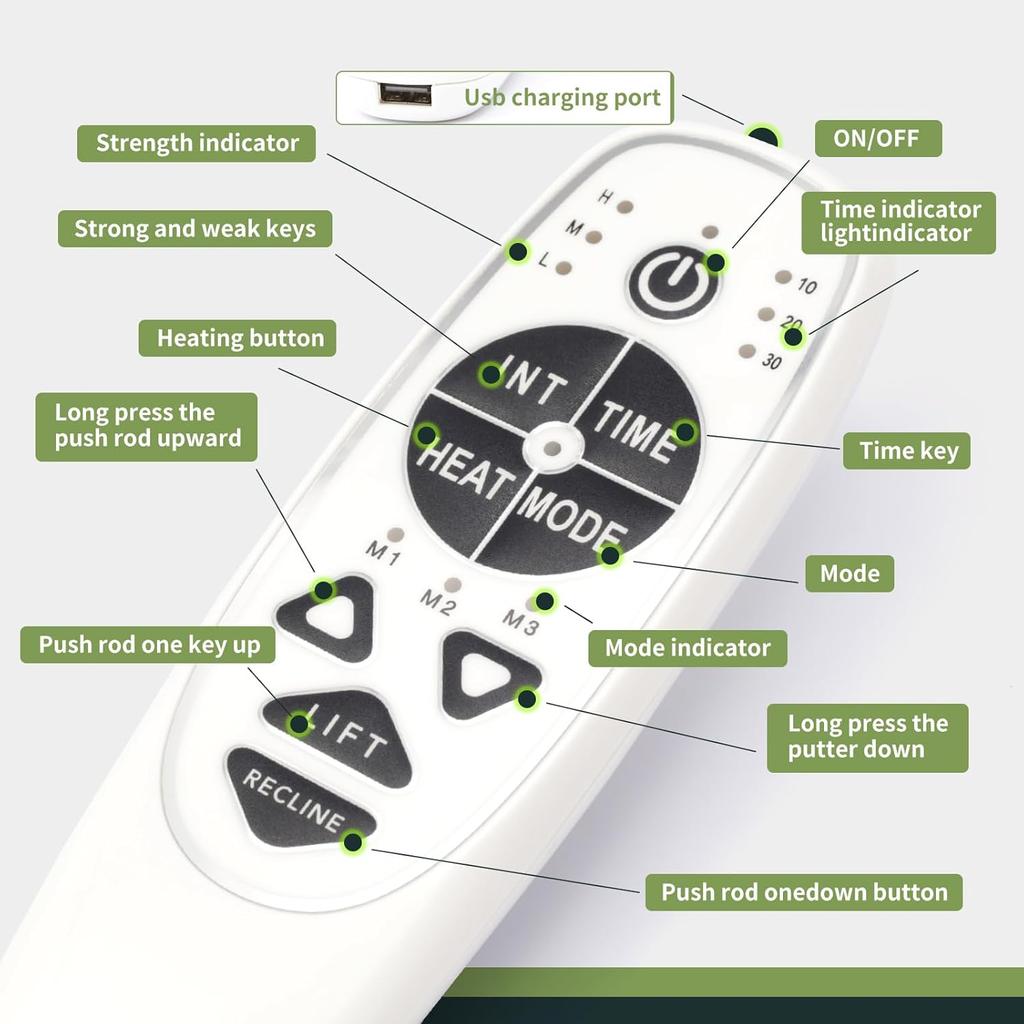 5 Pin Female Plug DN-34A 9 Button Recliner Remote Controller for Heat Vibration & Up/Down, 3 Vibration Mode & 3 Massage Time Option with 1 USB