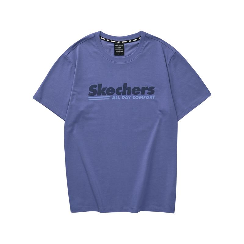 Skechers Letter Knitted Round Neck Loose Breathable Sports Short Sleeve Drop Shoulder T-Shirt Men T-Shirts Gunfish-Blue L223M122-030T S