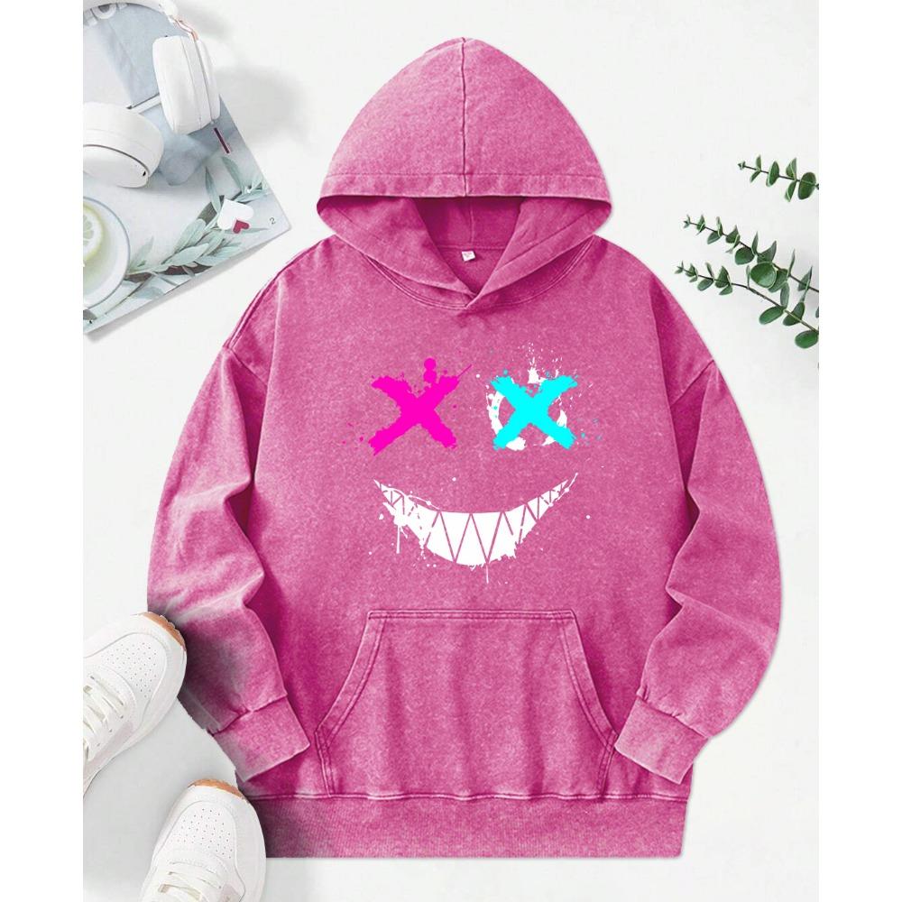 Strange Smiling Expressions Print Washed Hoody For Women Fashion Cotton Streetwear Personality Autumn Loose Top Soft Hoodies