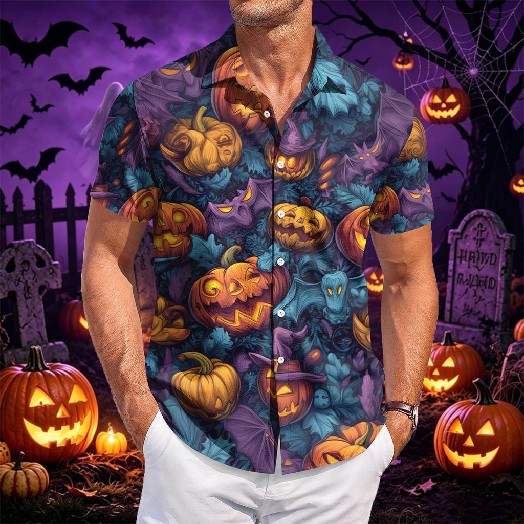 Men Short Sleeve Button Down Shirt with Halloween Themed Printed Design Casual Fit Lightweight Material Suitable for Daily Wear