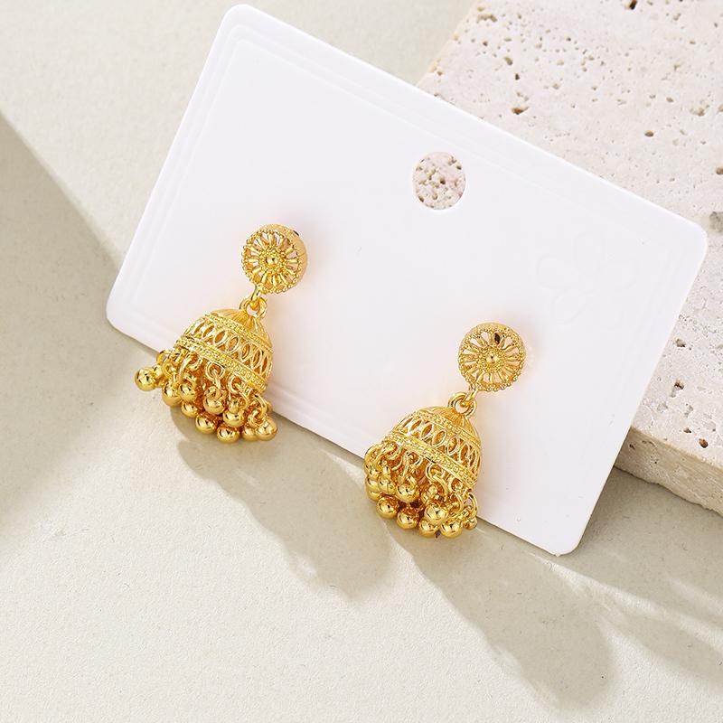 Bohemian Fashion Gold Color Hollow Pattern Round Bead Pendant Earrings, Women's Retro Trendy Holiday Accessories Zircon