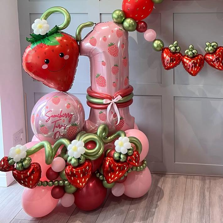Pink Digital Strawberry Balloon Set 32 Inch Digital Balloon Strawberry Aluminum Film Balloon Birthday and Anniversary Decoration