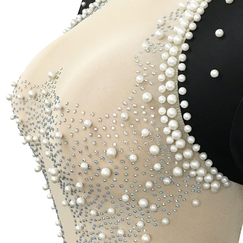 Fashion Sexy Rhinestone Mesh Beaded Backless Long Sleeve Midi Dress for Women