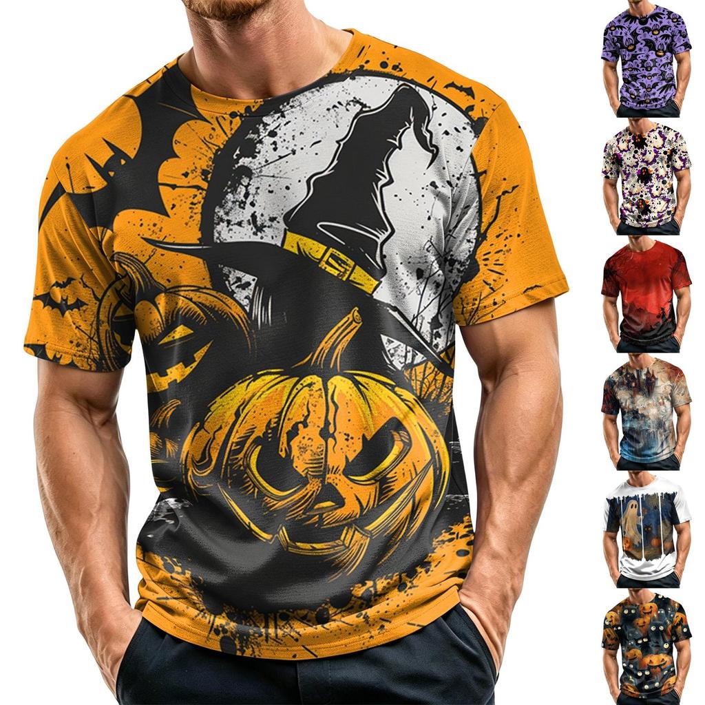 Men's Casual Printed Crew Neck Lightweight Breathable Short Sleeve Shirt Halloween Pattern Comfortable Fit
