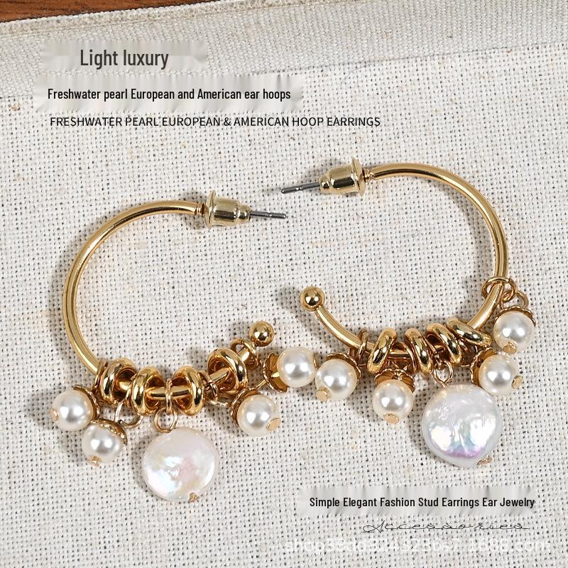 Korean Versatile Pearl Ear Cuff and Large Circle Stud Earrings for Women - Retro, Fashionable Design