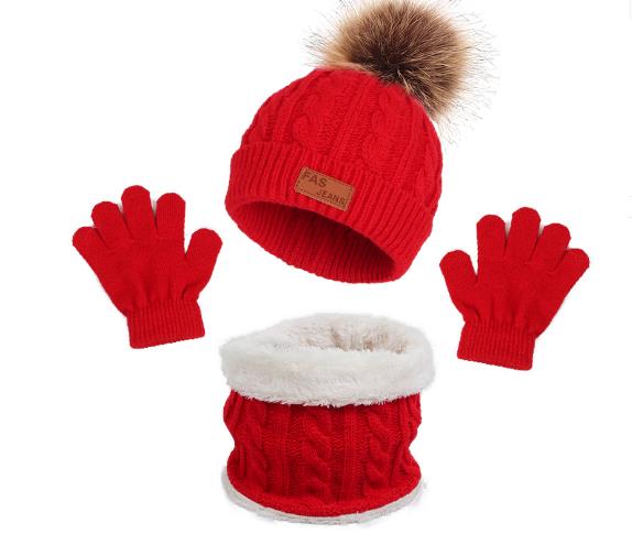 3 Stück Baby Mütze Schal Winter Gestrickt Polyester Beanie Kleinkind Mütze Kinder Junge Mädchen Säugling Flacher Rand Bommel Mützen Set Warm