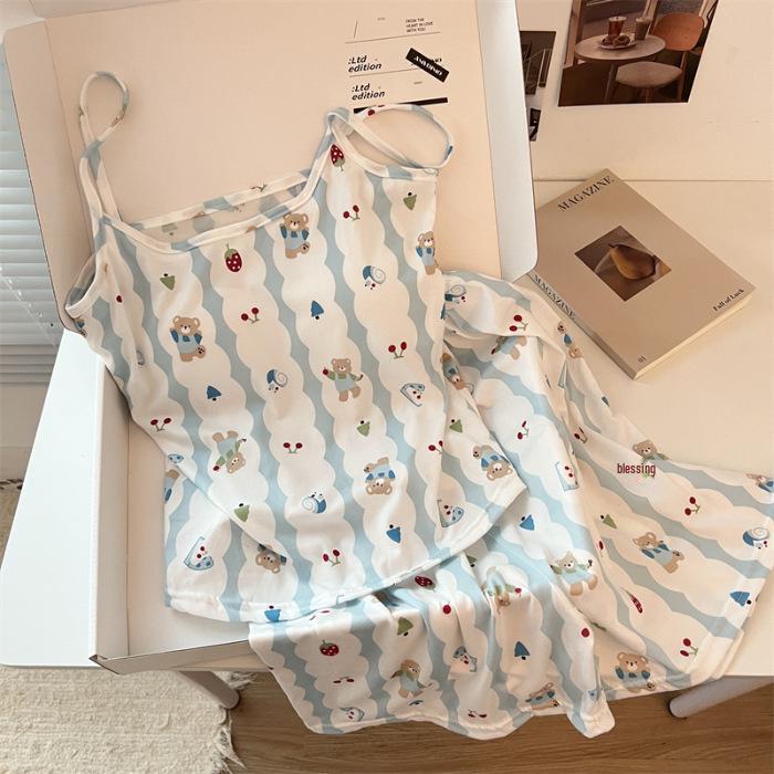 Cute Korean Style Women's Short-Sleeved Camisole Pajama Set with Chest Pads, Imitation Cotton